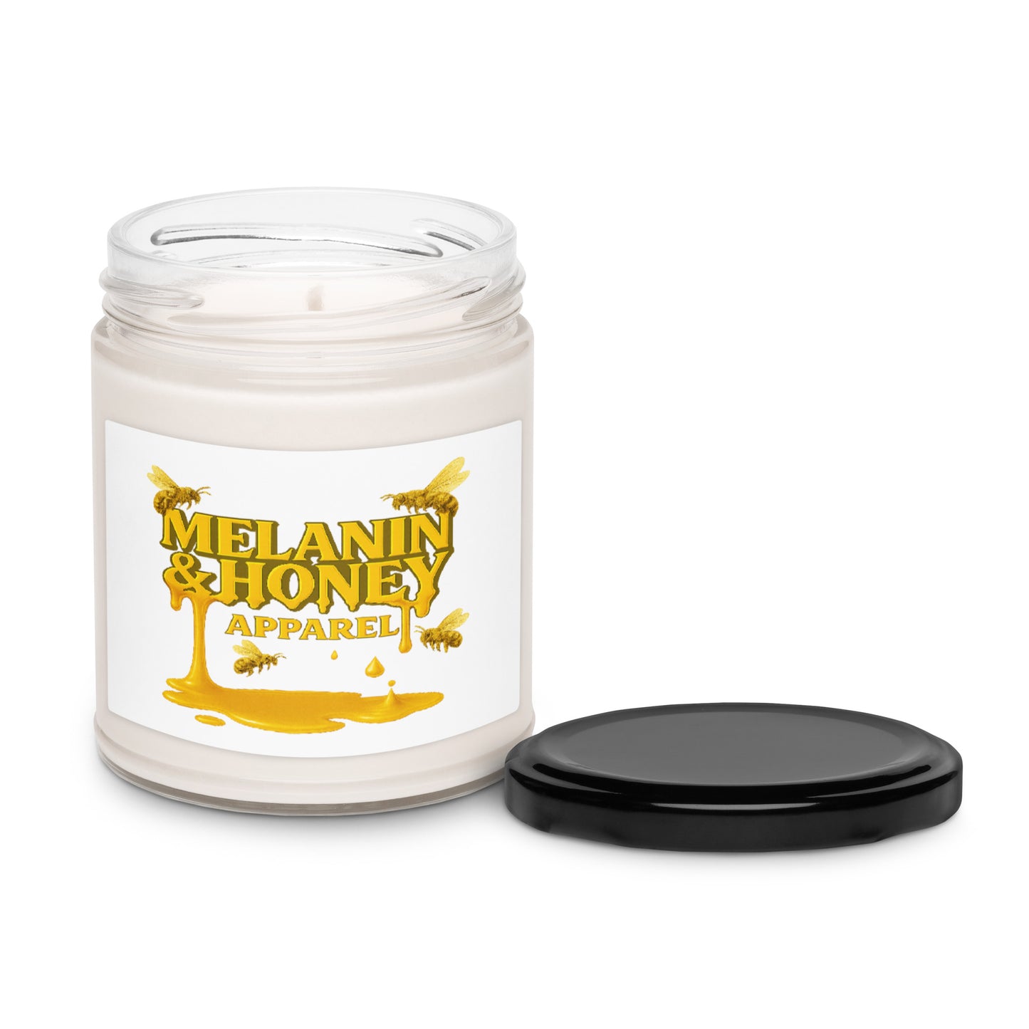 MHA Honey Drip Scented Candle featuring honey-drip label and black lid.
