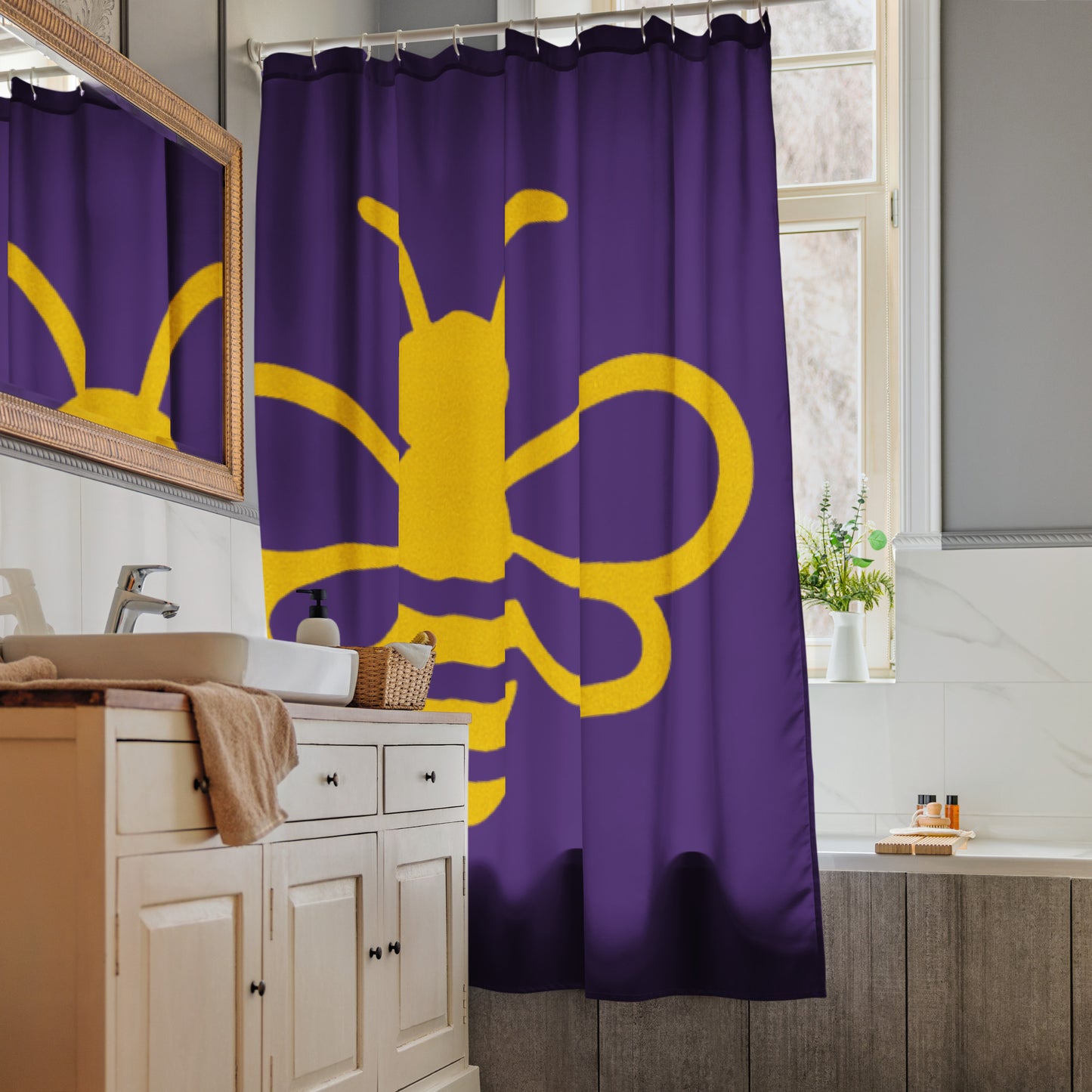 Bee Inspired Shower Curtain (Purple) lifestyle product image featuring MHA design and brand styling.