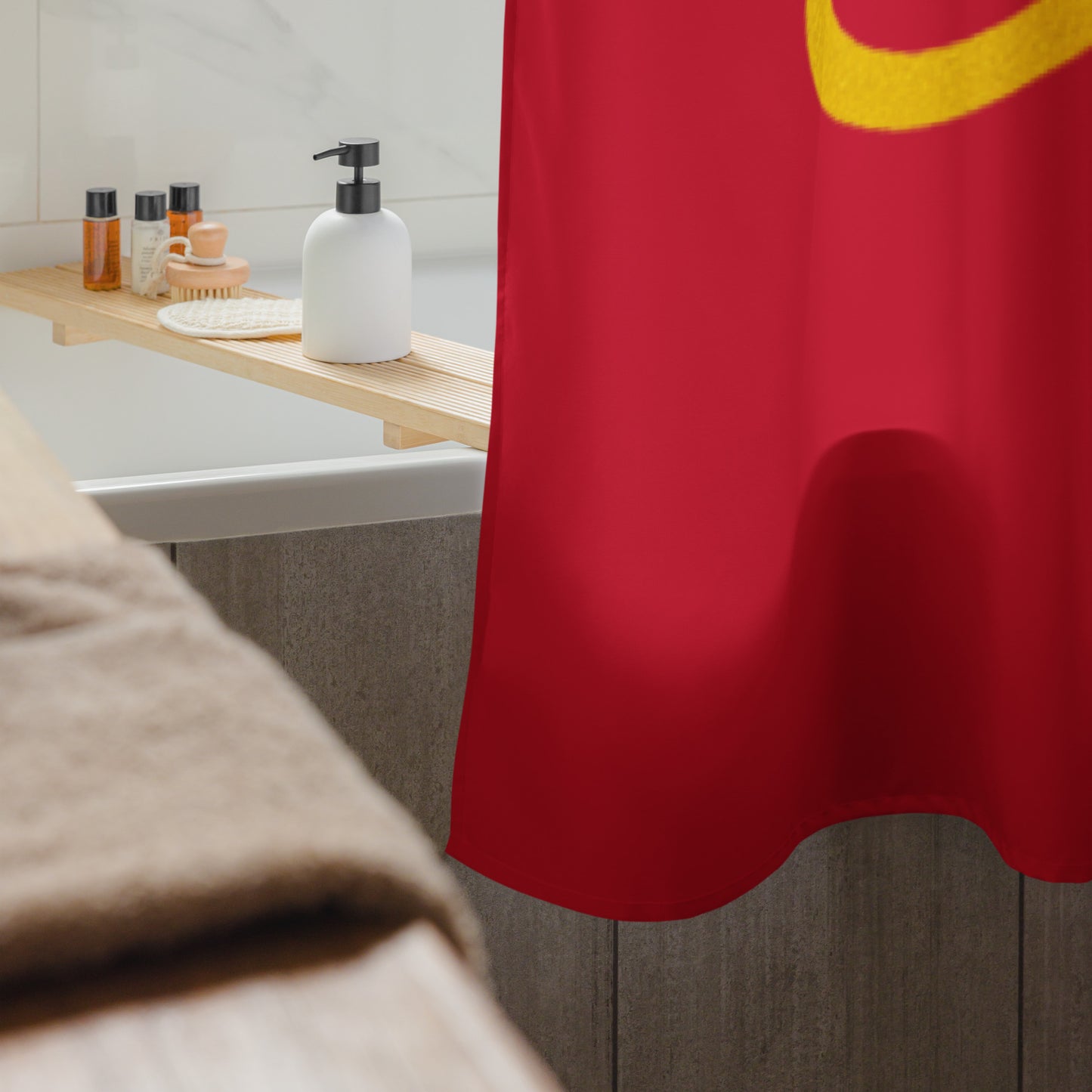 Bee Inspired Shower Curtain (Red) lifestyle product image featuring MHA design and brand styling.