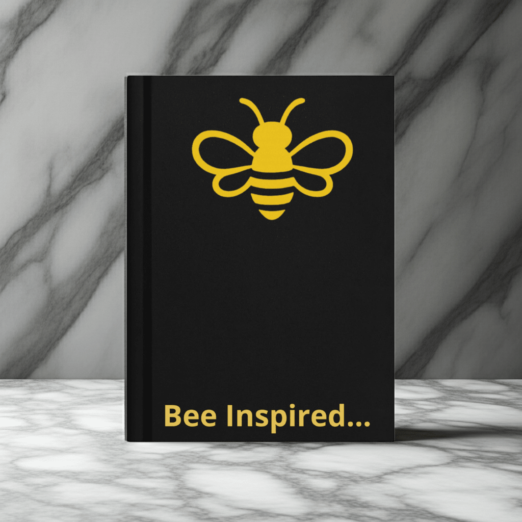 Bee Inspired Hardcover Journal (Black) lifestyle product image featuring MHA design and brand styling.