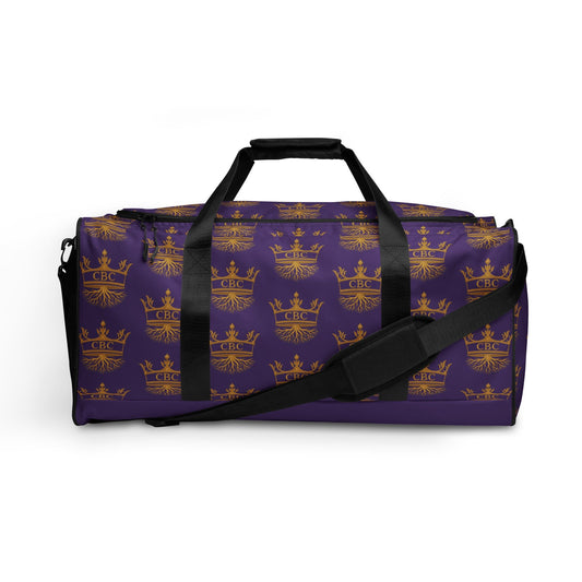 CBC Luxury Duffle Bag – Purple Crown Edition shown on a white background with gold crown detail.