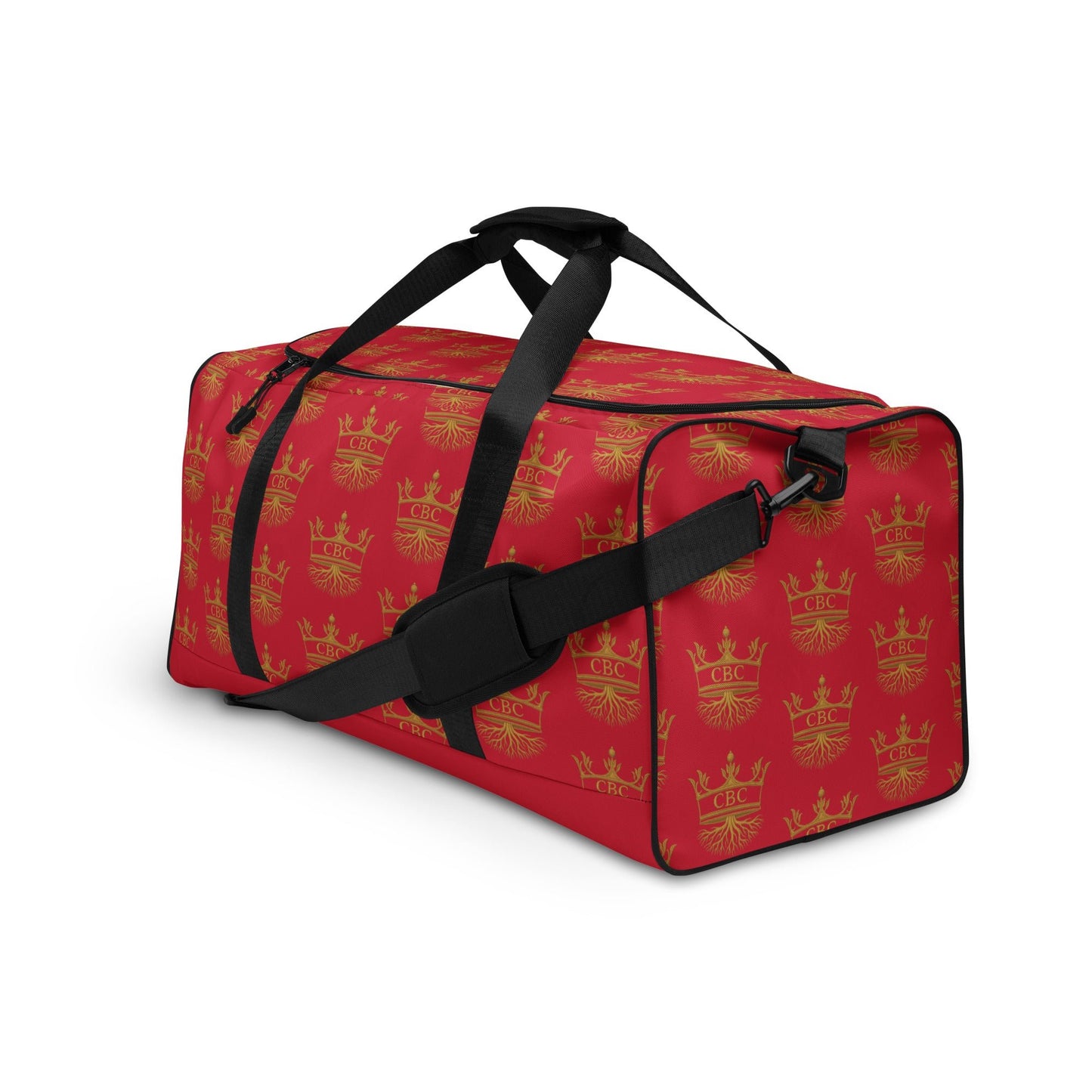 CBC Luxury Duffle Bag – Red Crown Edition displayed at an angle to show straps and red design.