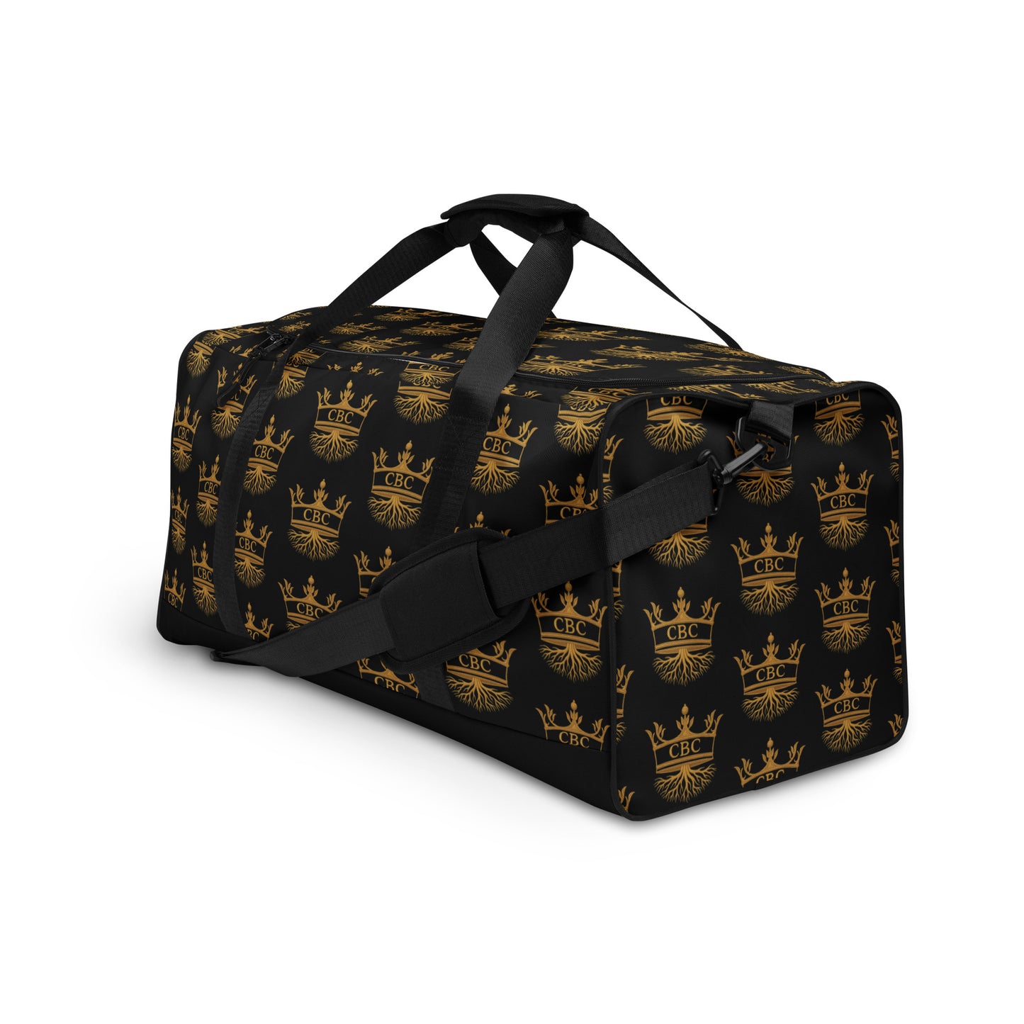 CBC Luxury Duffle Bag – Black Crown Edition displayed at an angle to show handles, straps, and black design.