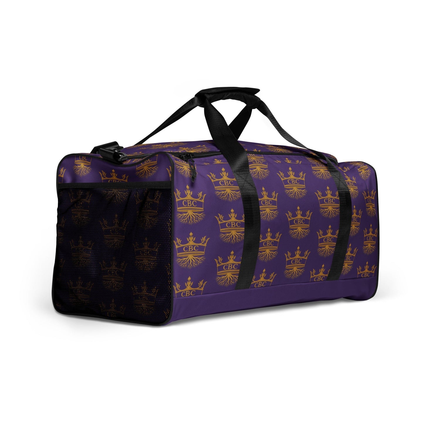 CBC Luxury Duffle Bag – Purple Crown Edition displayed at an angle to show straps and purple design.