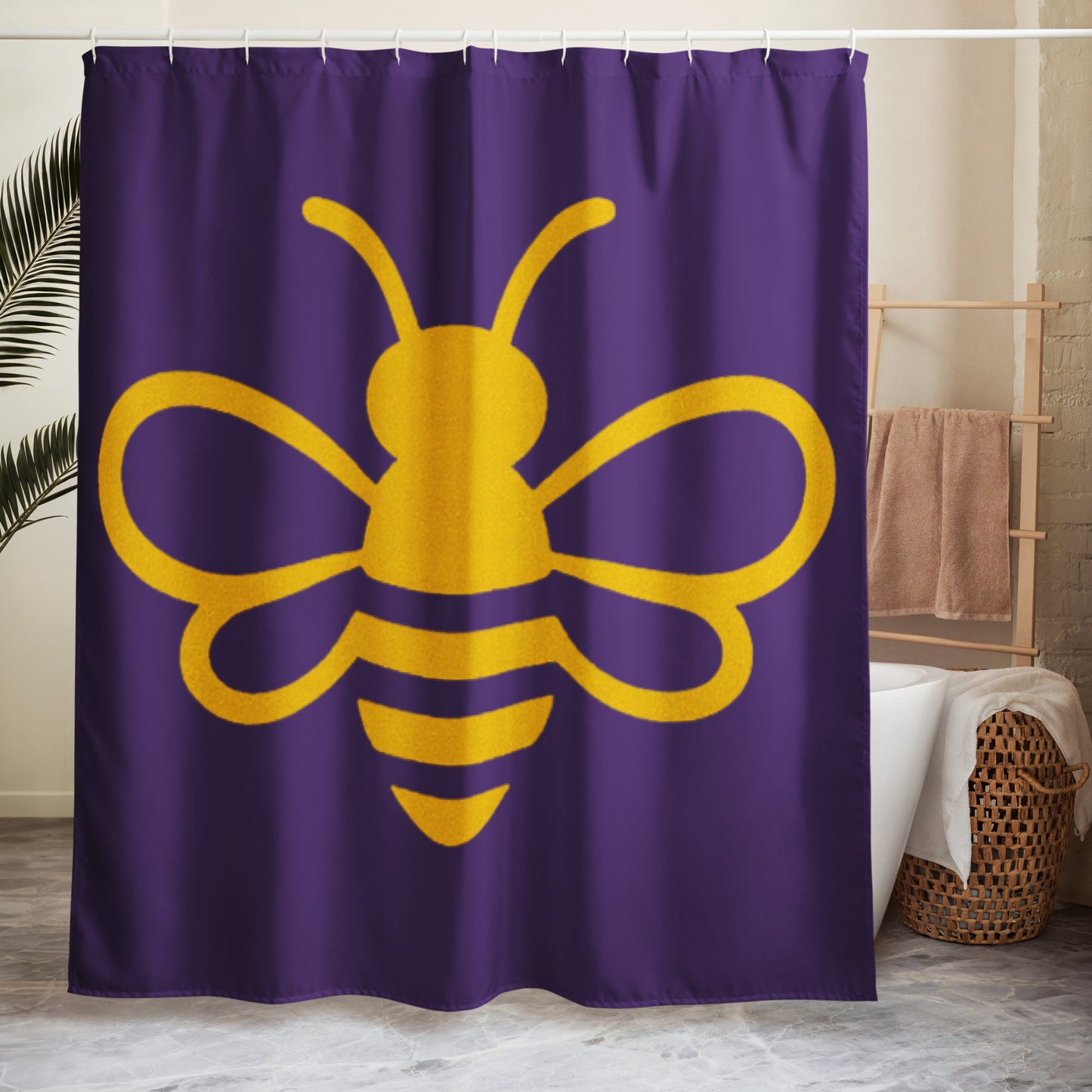 Bee Inspired Shower Curtain (Purple) lifestyle product image featuring MHA design and brand styling.