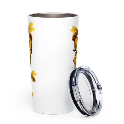 MHA Honey Drip Stainless Steel Tumbler with honey graphic and lid.