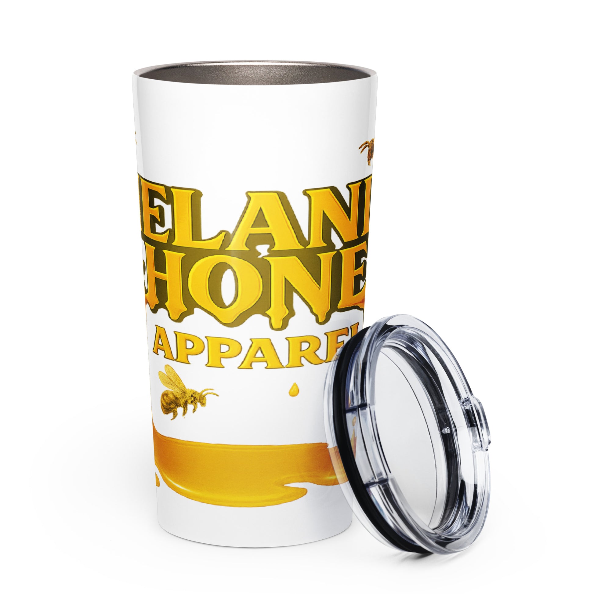 MHA Honey Drip Stainless Steel Tumbler standing upright with gold drip design.