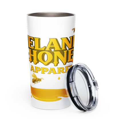 MHA Honey Drip Stainless Steel Tumbler standing upright with gold drip design.