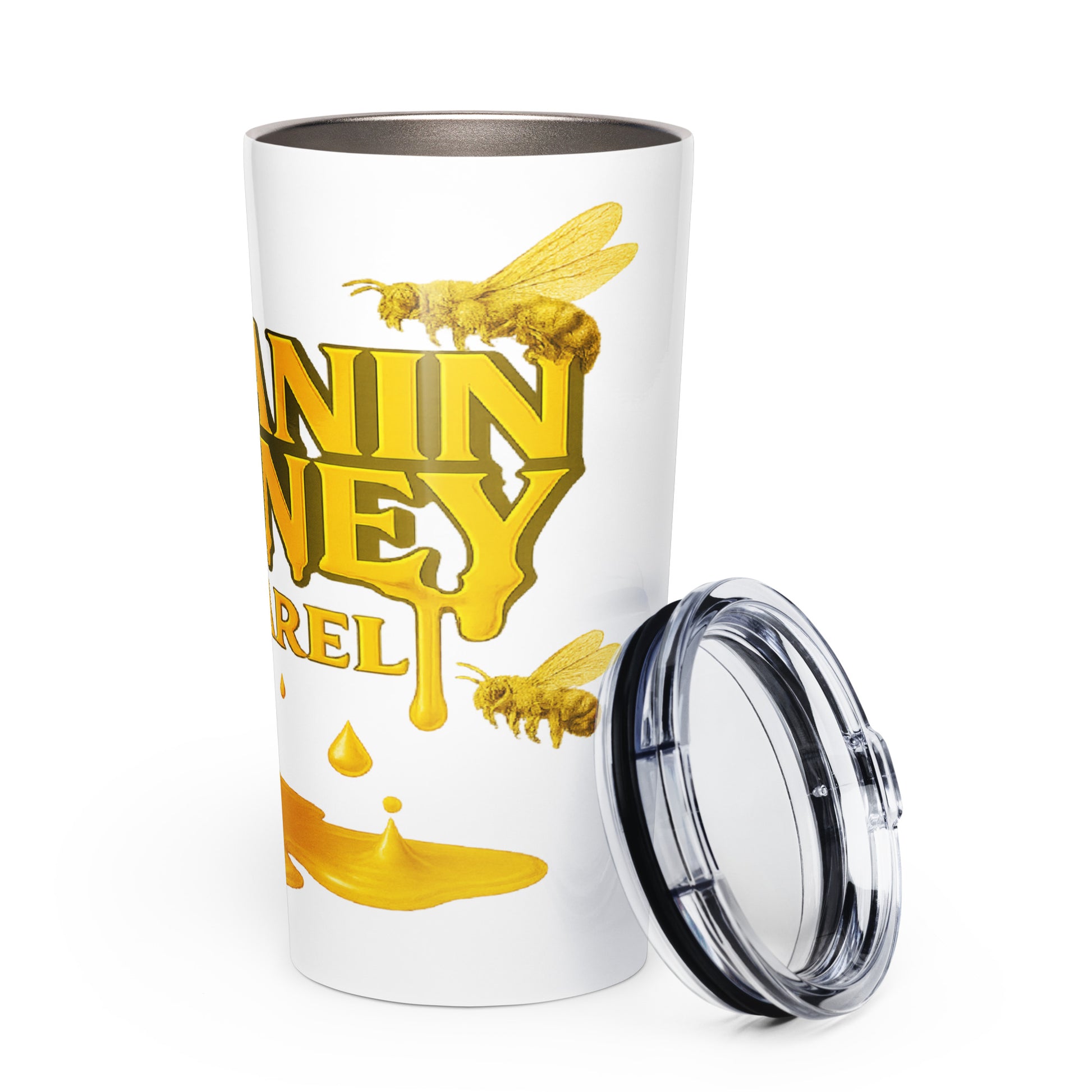 MHA Honey Drip Stainless Steel Tumbler standing upright with gold drip design.