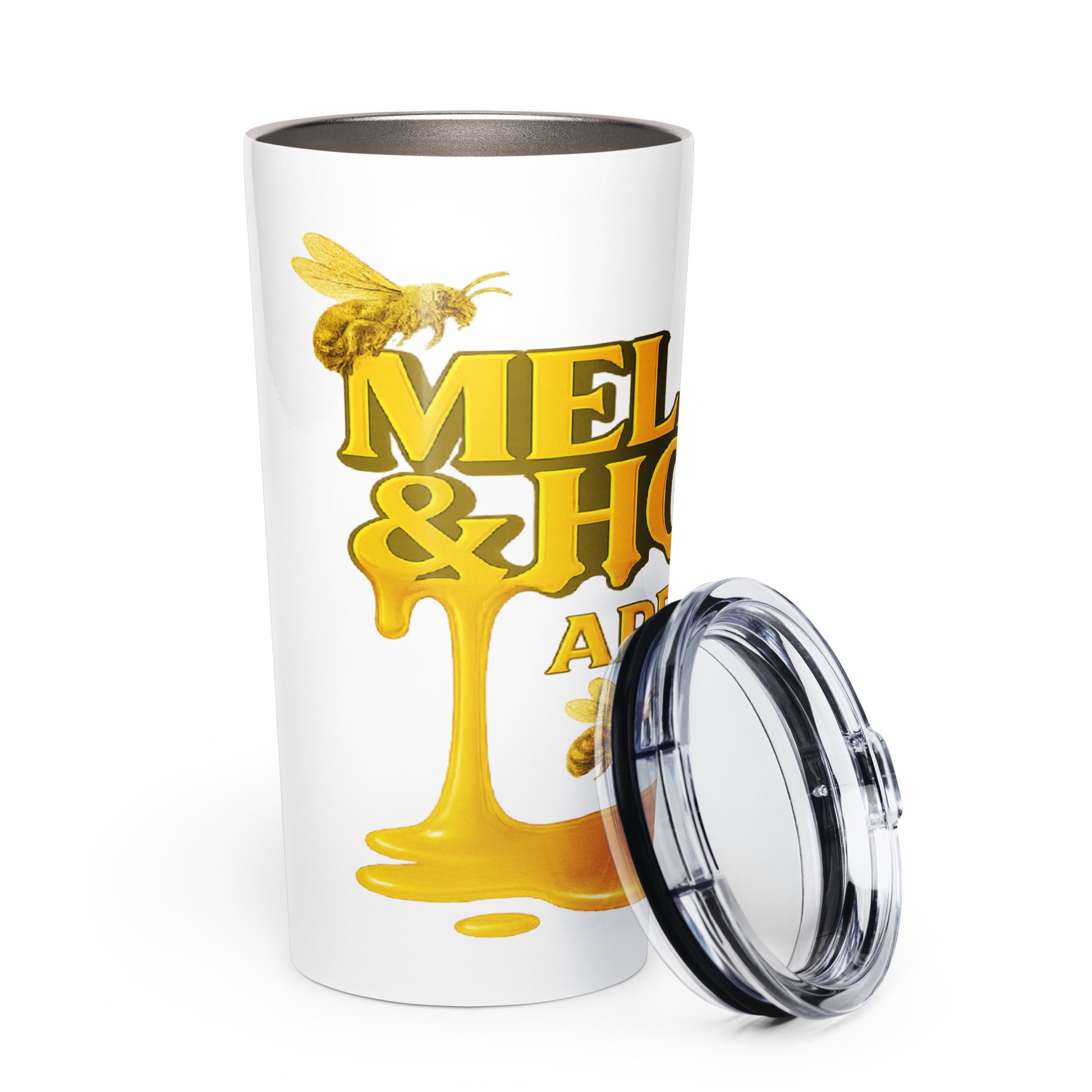 MHA Honey Drip Stainless Steel Tumbler with honey graphic and lid.